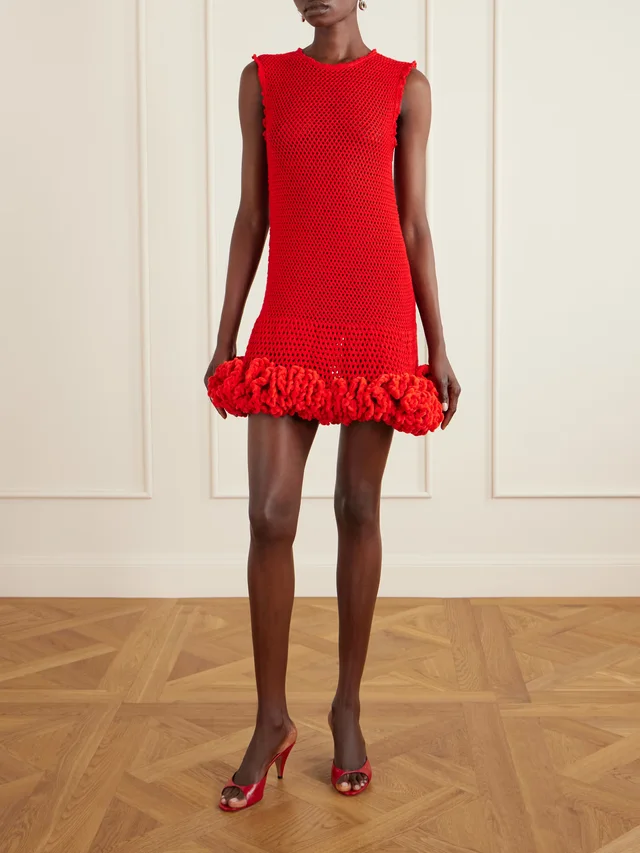 STELLA MCCARTNEY Nature Flow ruffled open-knit wool mini dress in Red, photo 2 of 2 from NET-A-PORTER (Canada)