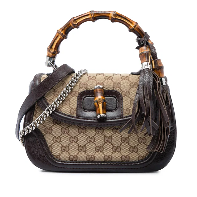Beige Gucci Medium GG Canvas New Bamboo Top Handle Bag Satchel in Beige Canvas from Designer Revival