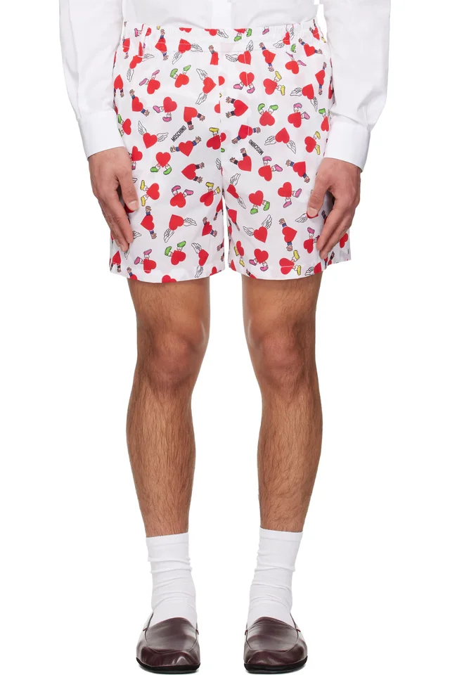 Moschino White & Red Print Lightweight Cotton Poplin Shorts, image 1 of 1 from SSENSE