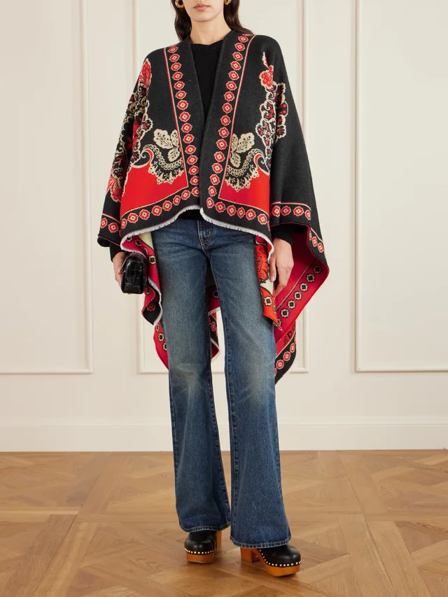 LA DOUBLEJ Soul frayed wool and silk-blend jacquard poncho in Red, photo 2 of 2 from NET-A-PORTER (Canada)