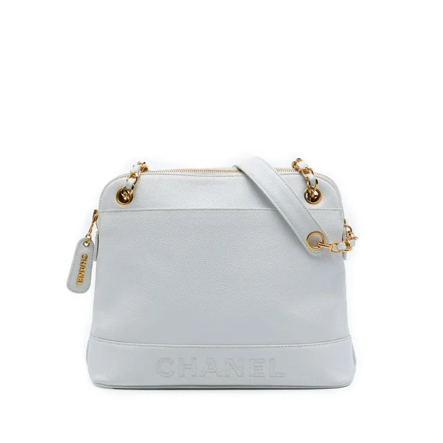 Grey Chanel Caviar Logo Chain Shoulder Bag in Grey Caviar leather from Designer Revival