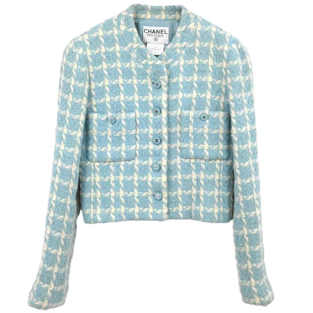 Chanel 1996 Collarless Tweed Check Jacket Light Blue #36 in Blue Tweed from AMORE Vintage Tokyo