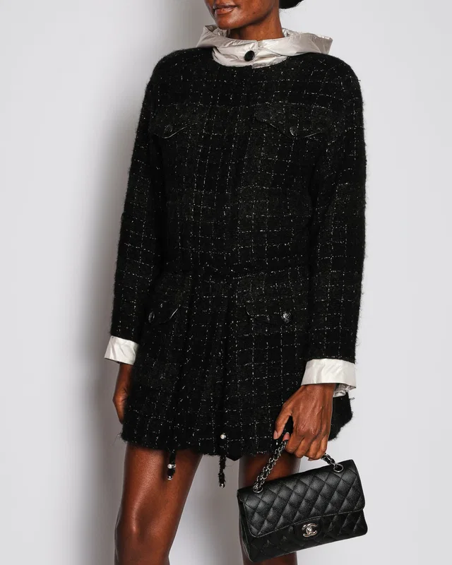 Chanel Black Tweed Hooded Shimmer Tread Coat with Drawstring and Button Detail FR 38 (UK 10) in Black Tweed from Sellier