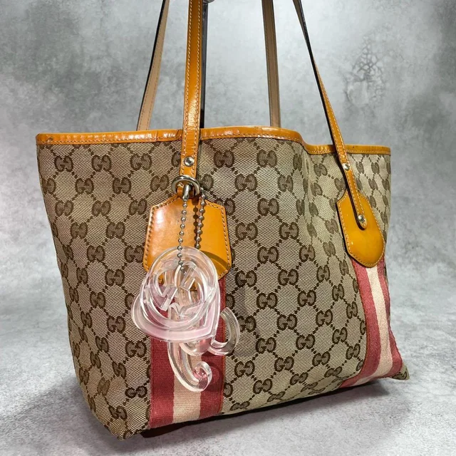 Gucci GG Sherry Line Tote Bag Brown Charm Logo in Brown Canvas from The Reluxe