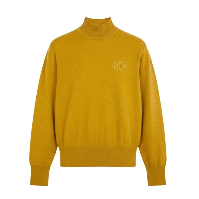 Dior Ih6 Mock Neck Knit Sweater Long Sleeve CD Logo Embroidered Wool Mustard in Yellow Wool from The Reluxe