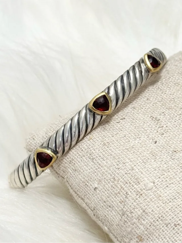 David Yurman 925 18k Gold 3 Stone Garnet Renaissance Bangle Bracelet in yellow|silver|gray|gold|red from Poshmark