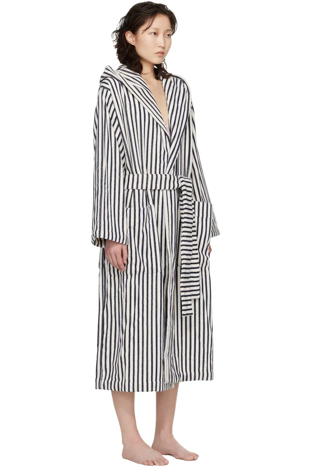 Tekla White & Navy Terry Hooded Bathrobe, photo 2 of 4 from SSENSE