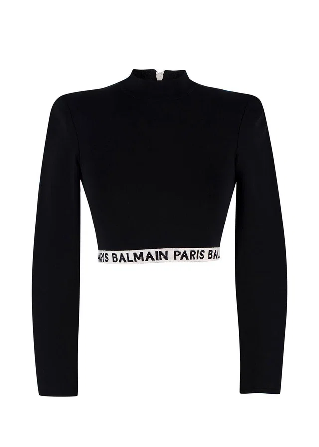 Balmain Black High Neck Cropped Logo Detail Top in Black from HEWI