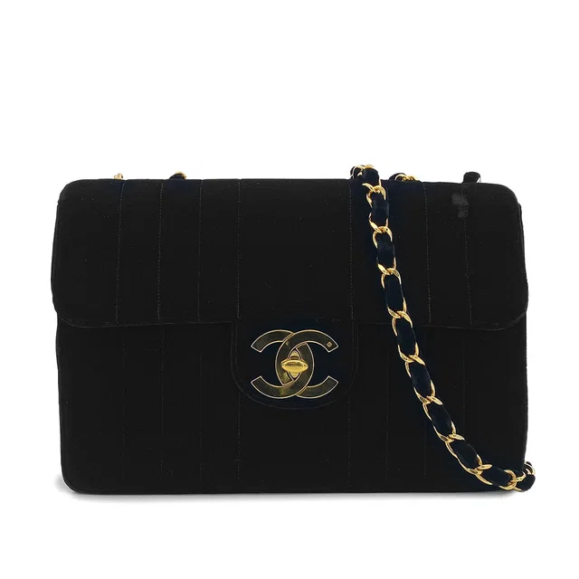 Chanel Vintage Mademoiselle Chain Shoulder Bag Black Velor Gold Hardware in Black Leather from Luxury Promise