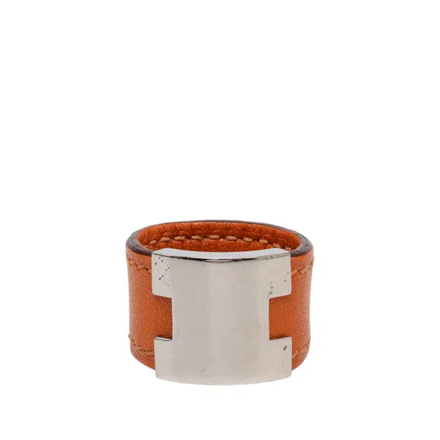 Orange Hermès Swift and Palladium Plated Lurie Ring in Orange Swift leather from Designer Revival