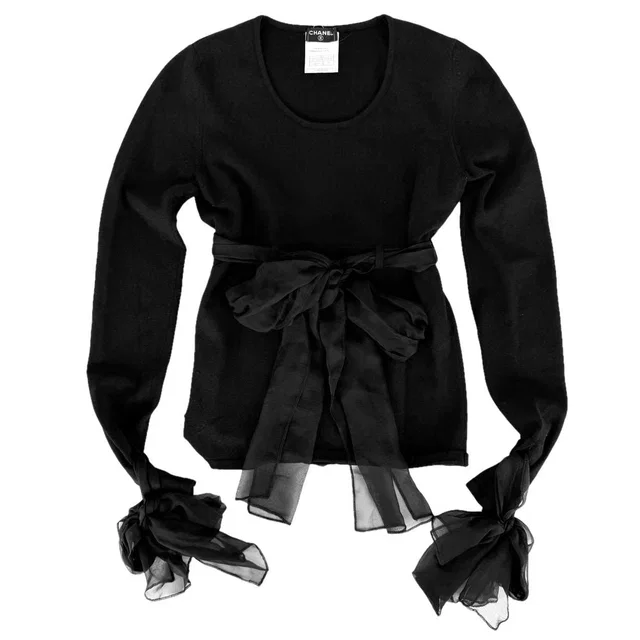 Chanel Top Ribbon Long Sleeve Black Silk Fall Winter 38 in Black Silk from The Reluxe