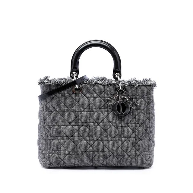 Black Dior Large Tweed Cannage Lady Dior Satchel in Black Tweed from Designer Revival