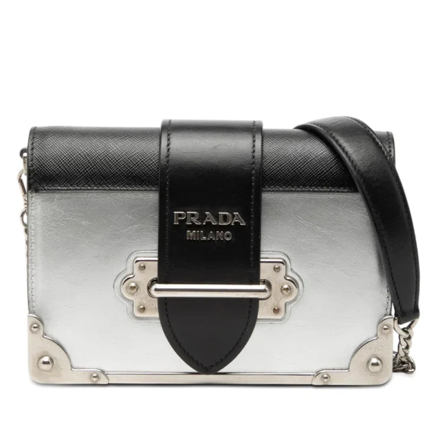 Silver Prada Saffiano Trimmed Metallic Vitello Cahier Bag in Silver Saffiano leather from Designer Revival