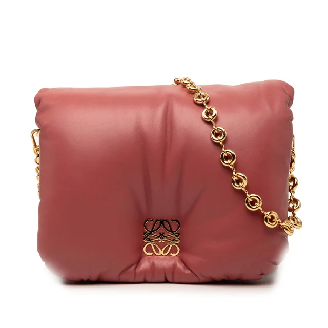 Pink LOEWE Shiny Lambskin Goya Puffer Chain Bag in Pink Lambskin from Designer Revival