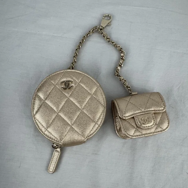 Chanel 2024 VIP Metallic Gold Duo Pochette Bag Charm in Gold metallic, quilted lambskin from Reowned