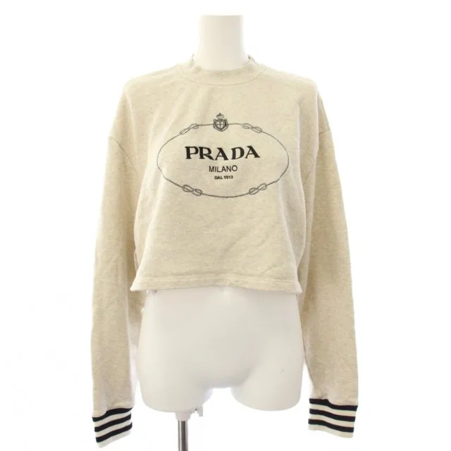 Prada Logo Embroidery Cropped Sweatshirt Long Sleeve Gray XS in Grey Nylon from The Reluxe