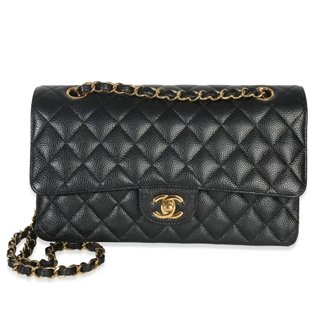Chanel Black Quilted Caviar Medium Classic Double Flap Handbag in Black Caviar leather from myGemma