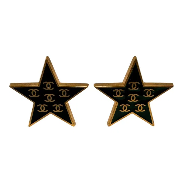 Chanel 01P CC Logo Star Black Gold Vintage Earrings Metal in Black from The Reluxe