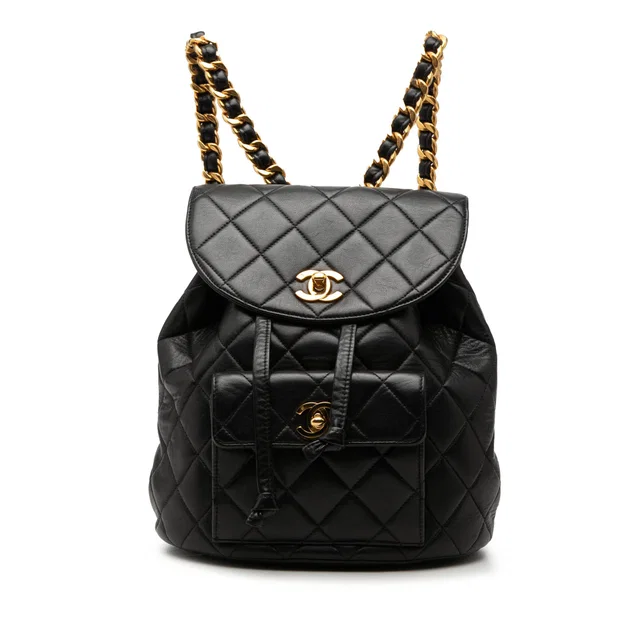 Black Chanel Medium Quilted Lambskin Duma Backpack in Black Lambskin from Designer Revival