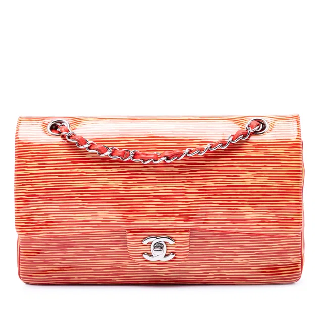 Orange Chanel Medium Classic Patent Striped Double Flap Shoulder Bag in Orange Patent leather from Designer Revival