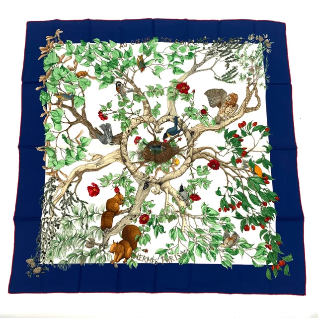 Hermès Carre 90 Silk Coeur Des Bois in Navy Silk from The Reluxe