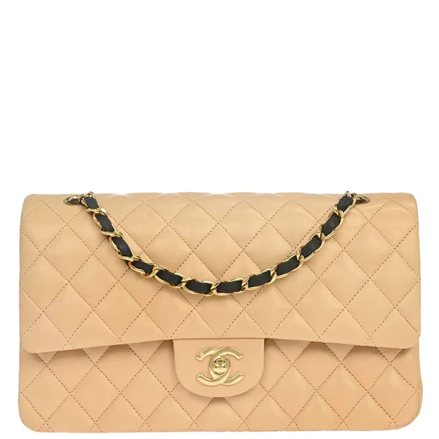 Chanel 2005-2006 Beige Black Lambskin Medium Classic Double Flap Shoulder Bag in Black Lambskin from AMORE Vintage Tokyo