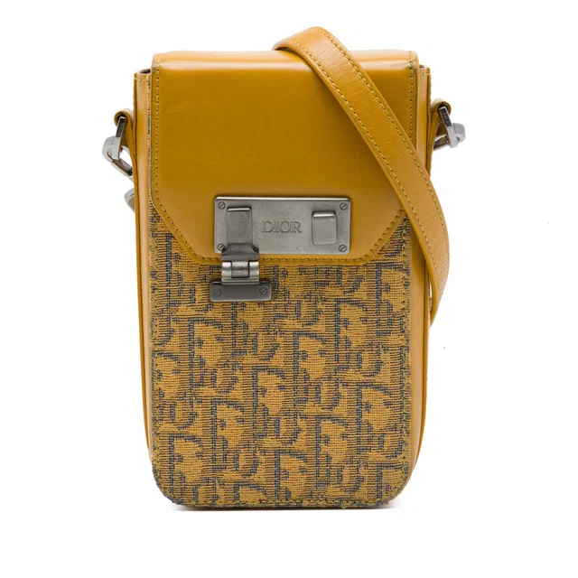 Yellow Dior Oblique Jacquard Lock Phone Holder Crossbody in Yellow Canvas from Designer Revival
