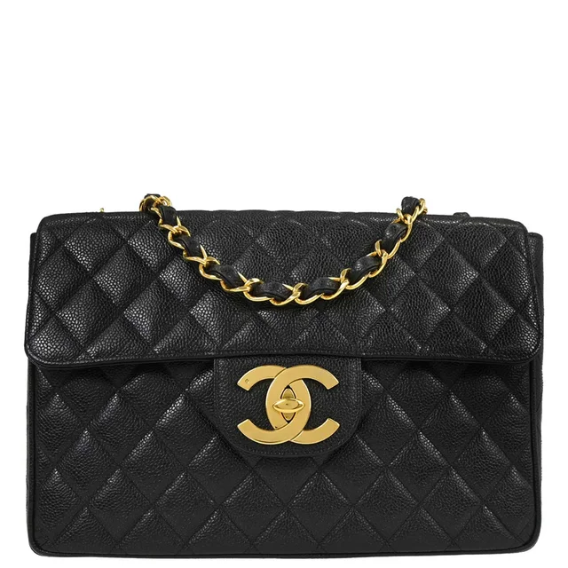 Chanel 1994-1996 Black Caviar Skin Jumbo Classic Flap Shoulder Bag in Black Caviar leather from AMORE Vintage Tokyo