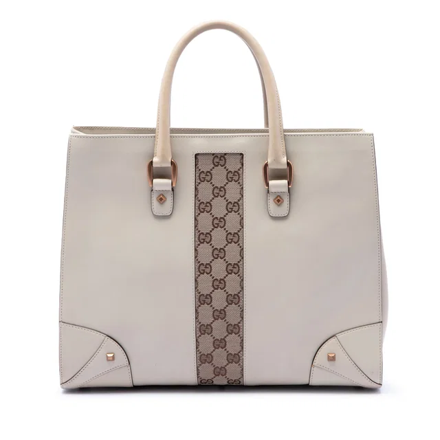 White Gucci Calfskin and GG Canvas Nailhead Tote in White Calfskin from Designer Revival