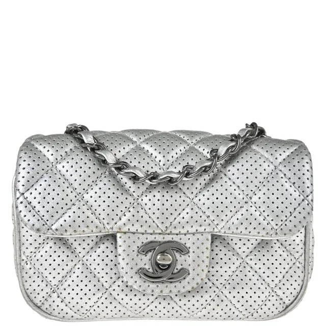 Chanel 2014 Silver Perforated Lambskin Classic Flap Shoulder Bag in Silver Lambskin from AMORE Vintage Tokyo
