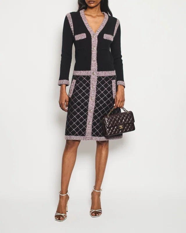 Chanel 15K Black, Pink Long-Sleeve Dress with Pocket Detail Size FR 34 (UK 6) in Black Silk from Sellier