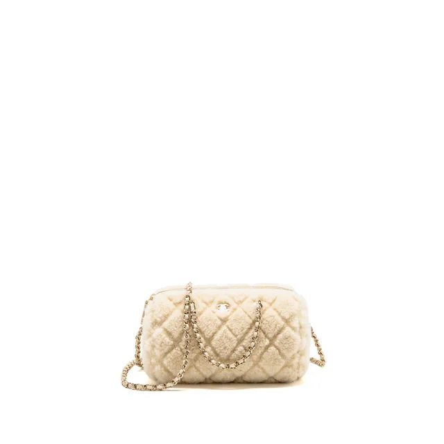 Chanel Quilted Barrel Clutch with Chain Shearling Ivory LGHW (Microchip) in White from EMIER