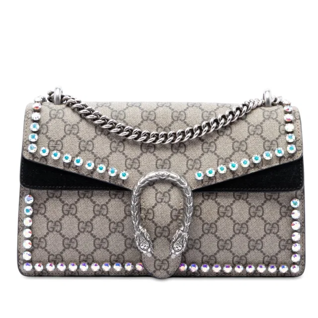 Black Gucci Medium GG Supreme Crystal Dionysus Shoulder Bag in Black Suede from Designer Revival