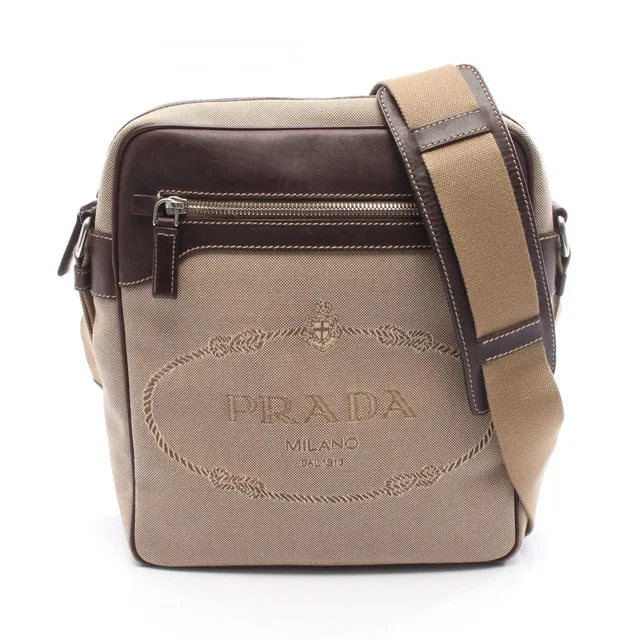 Prada Lada Shoulder Bag Logo Beige Da Ninebrown Canvas Leather in Beige Canvas from The Reluxe