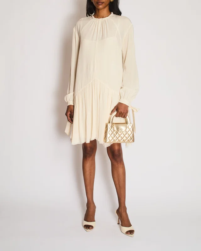 Prada Cream Long Sleeve Midi Dress with Lace Trim Detail Size IT 44 (UK 12) in White Silk from Sellier