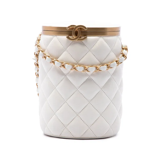 White Chanel Small Quilted Lambskin Crown Box Bag in White Lambskin from Designer Revival