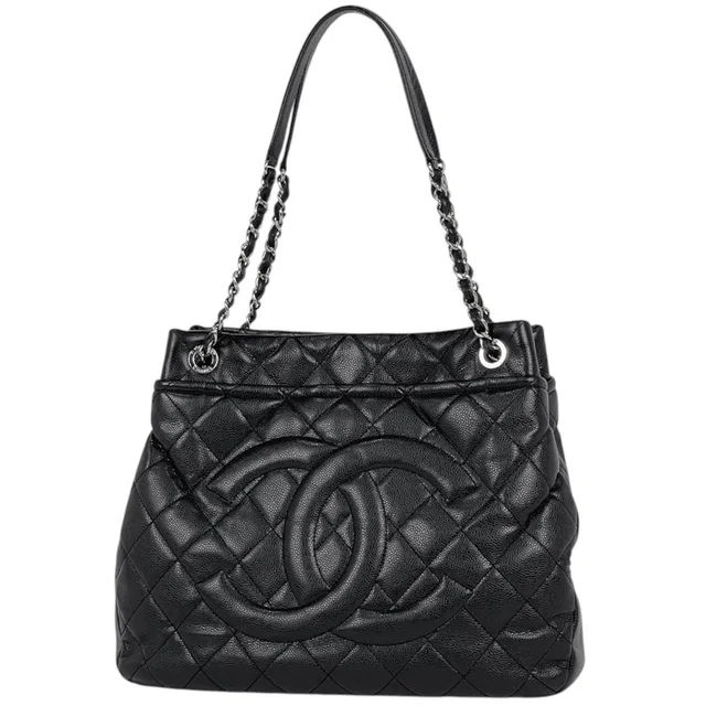 Chanel Tote Bag CC Logo Quilted Caviar Leather Black in Black Caviar leather from The Reluxe