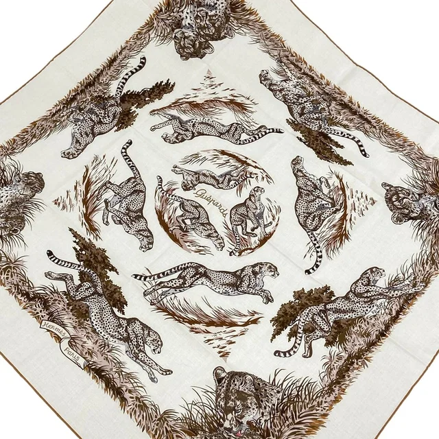 Hermès Scarf Carre 80 White Dark Brown Multi Guepards Cheetah in Brown from The Reluxe