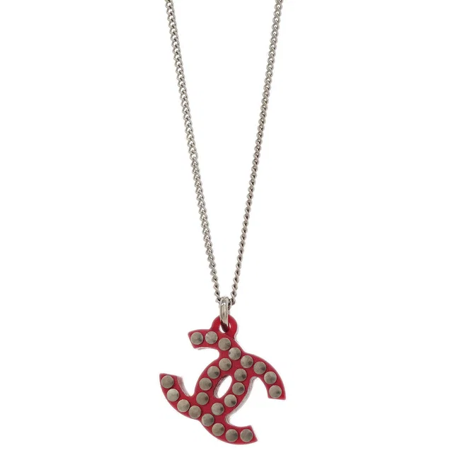 Chanel CC Chain Pendant Necklace Acrylic Silver Red 05P in Red Resin from AMORE Vintage Tokyo