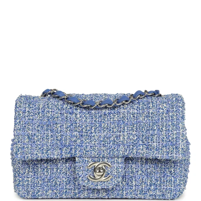 Chanel Mini Rectangular Flap Bag Blue, White Tweed Silver Hardware in White Tweed from Madison Avenue Couture