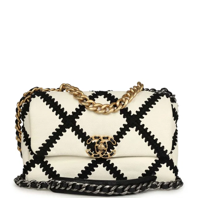Chanel Medium 19 Flap Bag White Calfskin, Black Crochet Mixed Metal Hardware in Black Calfskin from Madison Avenue Couture
