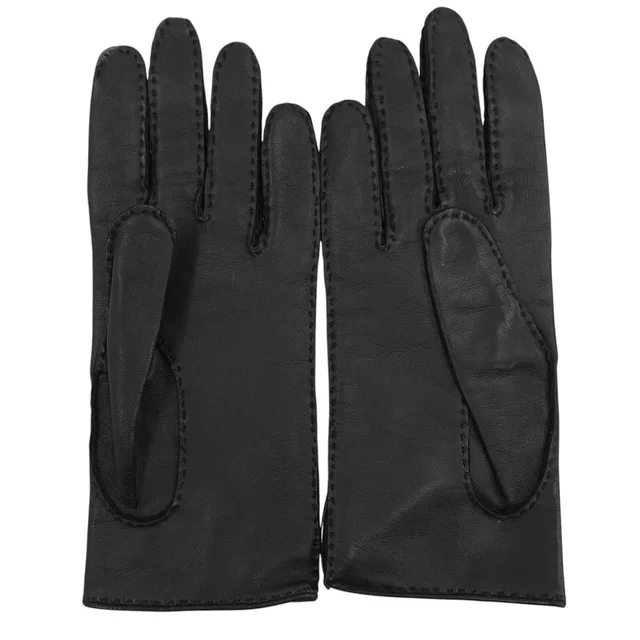 Hermès Leather Sellerie Button Gloves Black in Black Leather from VINTAGE QOO TOKYO