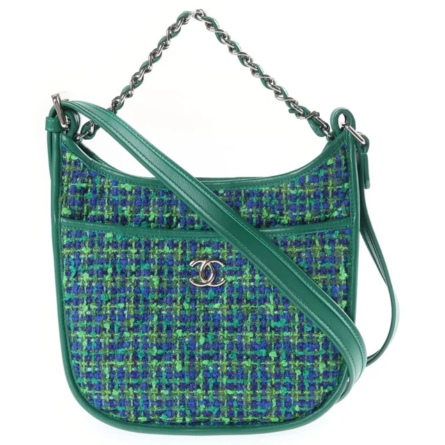 Chanel Quilted Hobo Shoulder Bag Tweed Leather Green Blue Silver in Blue Tweed from The Reluxe