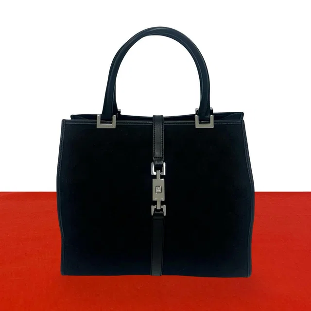 Gucci Jackie Logo GG Pattern Canvas Leather Handbag Mini Tote Black in Black Canvas from The Reluxe