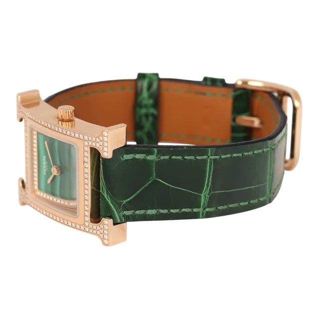Hermès Heure H Watch S Vert Shiny Alligator, Malachite, Diamonds, Rose Gold in Green Crocodile from Madison Avenue Couture, photo 4 of 10
