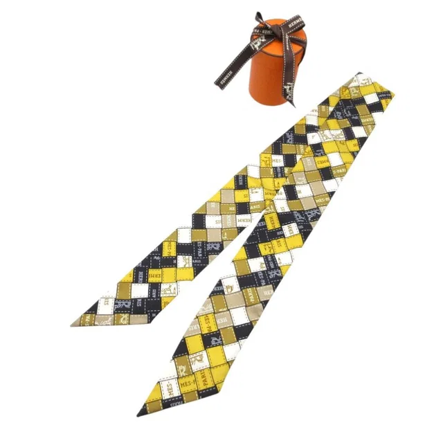 Hermès Twilly Bolduc Check Scarf Silk Yellow Black White X in Black Silk from The Reluxe