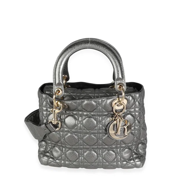 Dior Metallic Silver Supple Cannage Leather Medium Lady Tote Green Handbag in Green Leather from HEWI