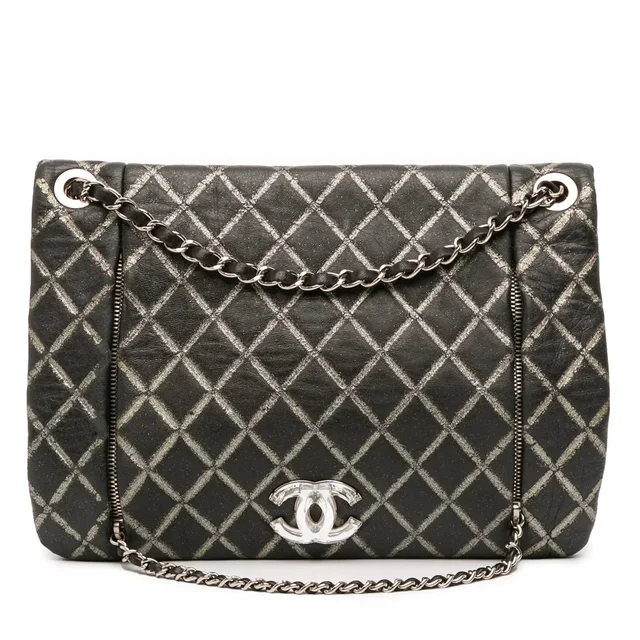 Black Chanel Quilted Metallic Distressed Lambskin CC Crystal Flap Shoulder Bag in Black Lambskin from Designer Revival