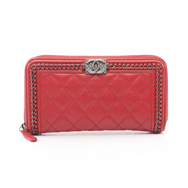 Chanel Round Wallet Boy Antique Silver Red Leather in Red Leather from The Reluxe