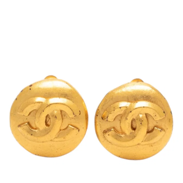 Gold Chanel CC Gold Plated Round Clip On Earrings in Gold from Designer Revival